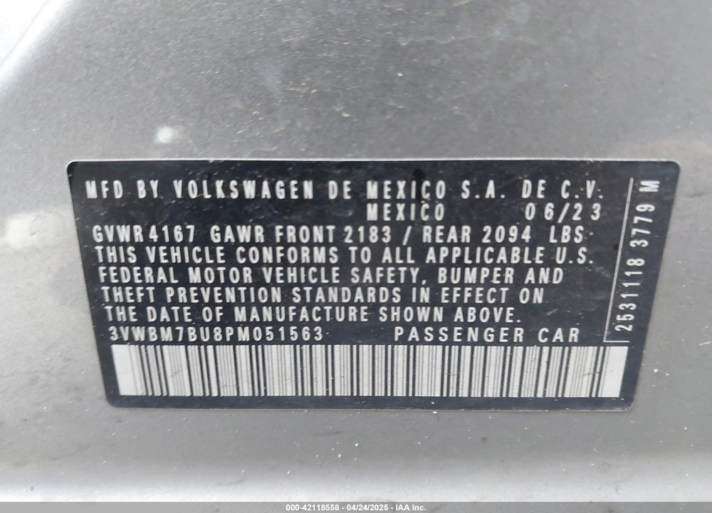 2023 VOLKSWAGEN JETTA VIN: 3VWBM7BU8PM051563
