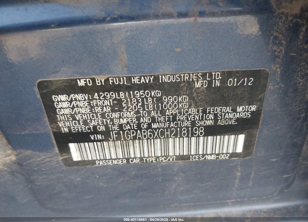2012 SUBARU IMPREZA VIN: JF1GPAB6XCH218198