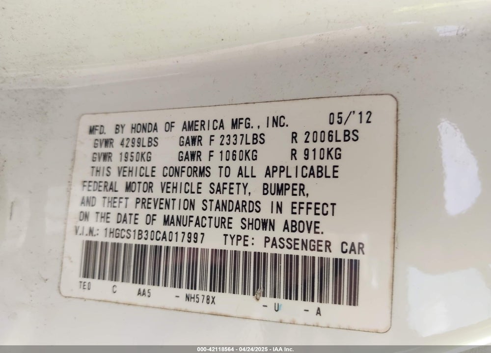 2012 HONDA ACCORD VIN: 1HGCS1B30CA017997