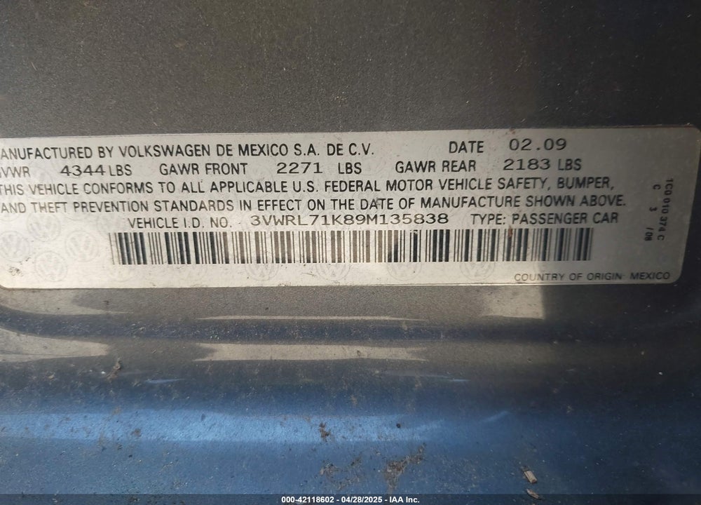 2009 VOLKSWAGEN JETTA VIN: 3VWRL71K89M135838