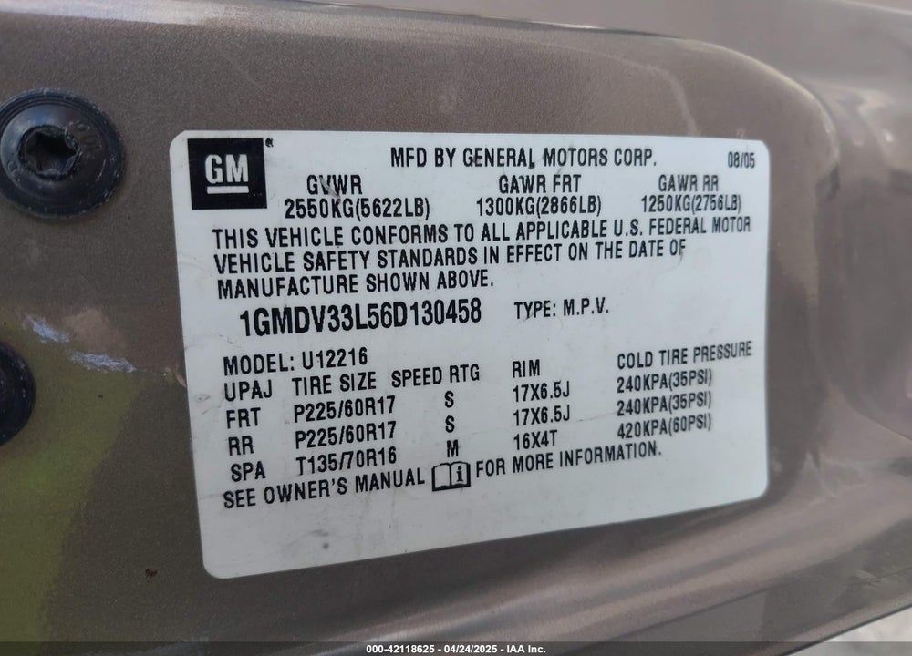 2006 PONTIAC MONTANA SV6 VIN: 1GMDV33L56D130458