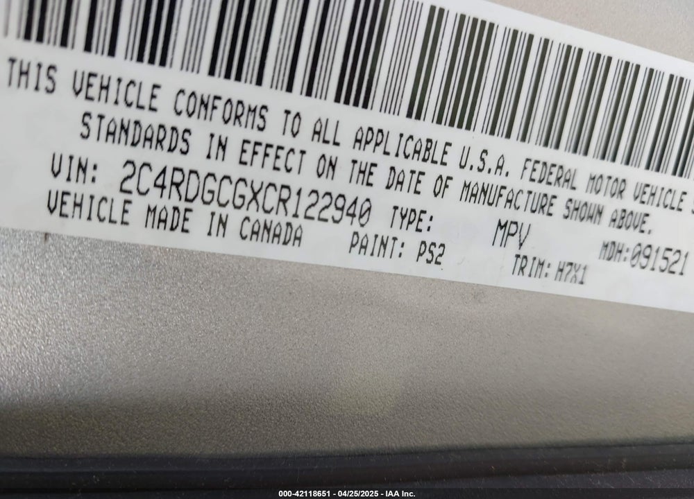 2012 DODGE GRAND CARAVAN SXT VIN: 2C4RDGCGXCR122940