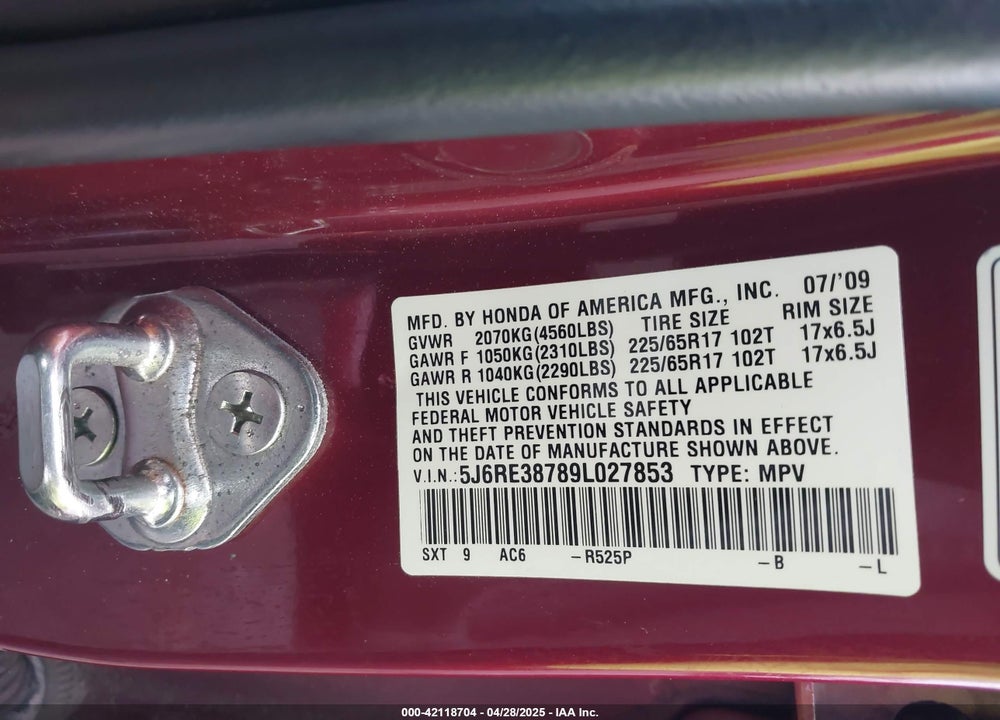 2009 HONDA CR-V EX-L VIN: 5J6RE38789L027853