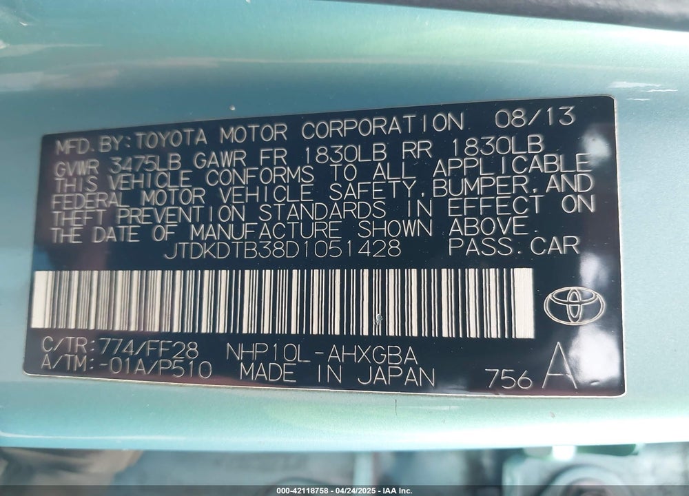 2013 TOYOTA PRIUS C THREE VIN: JTDKDTB38D1051428