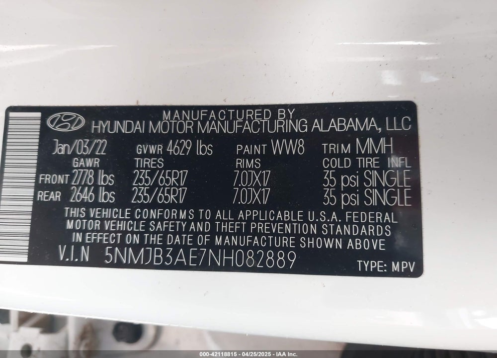 2022 HYUNDAI TUCSON SEL VIN: 5NMJB3AE7NH082889