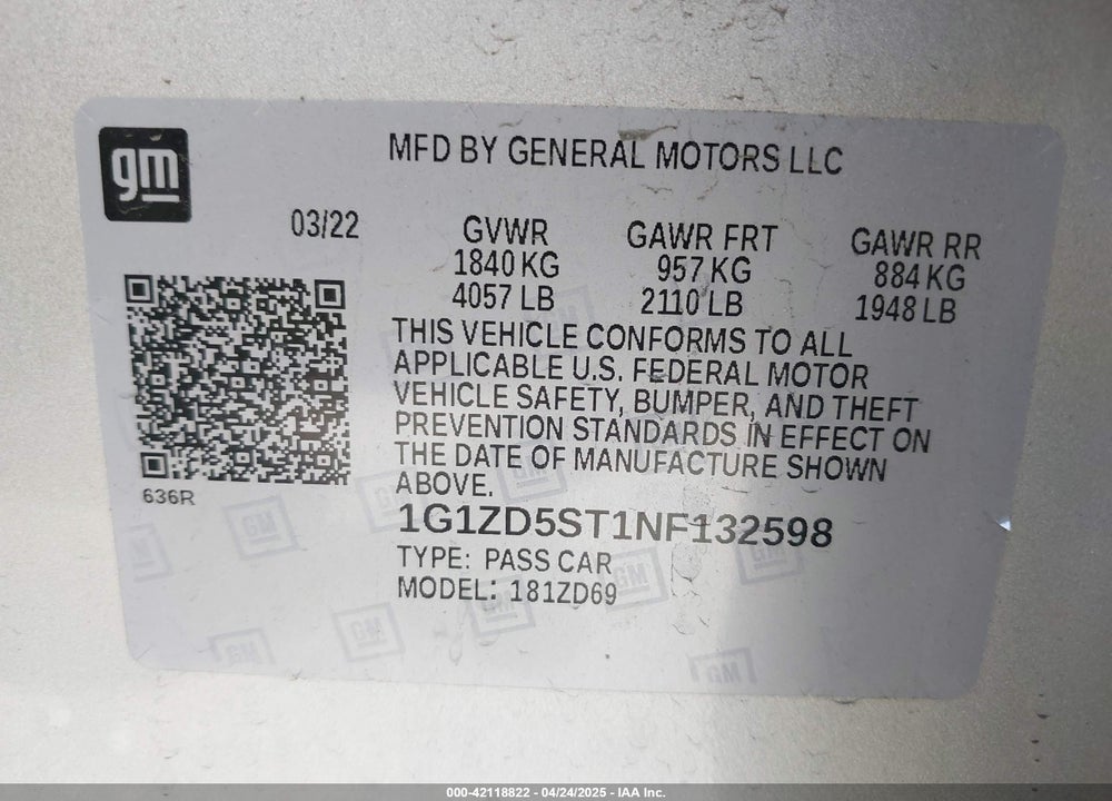 2022 CHEVROLET MALIBU VIN: 1G1ZD5ST1NF132598