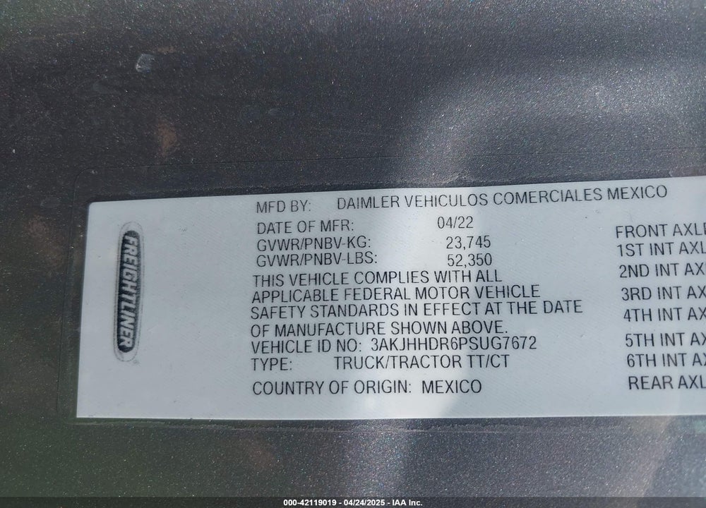 2023 FREIGHTLINER NEW CASCADIA 126 VIN: 3AKJHHDR6PSUG7672