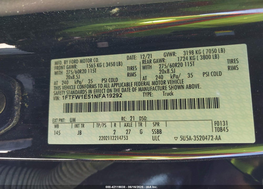 2022 FORD F-150 XL VIN: 1FTFW1E51NFA19292