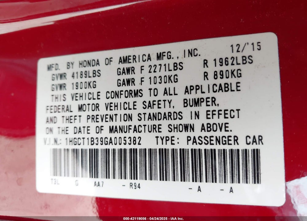 2016 HONDA ACCORD VIN: 1HGCT1B39GA005382