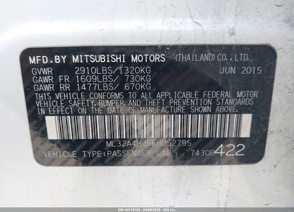 2015 MITSUBISHI MIRAGE ES VIN: ML32A4HJ5FH052795
