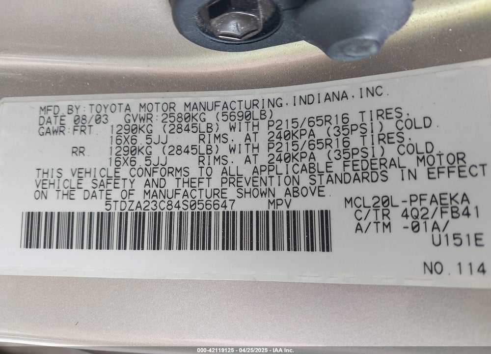 2004 TOYOTA SIENNA LE VIN: 5TDZA23C84S056647