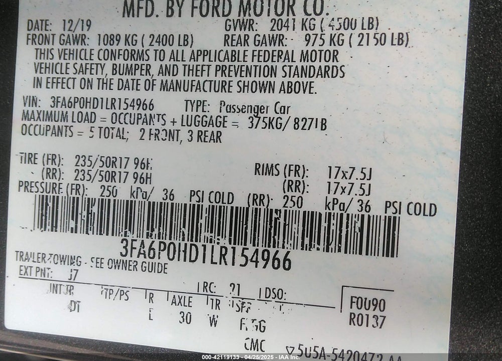2020 FORD FUSION VIN: 3FA6P0HD1LR154966