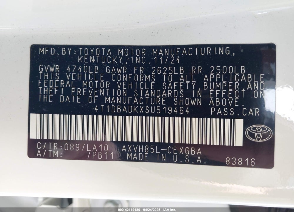 2025 TOYOTA CAMRY VIN: 4T1DBADKXSU519464