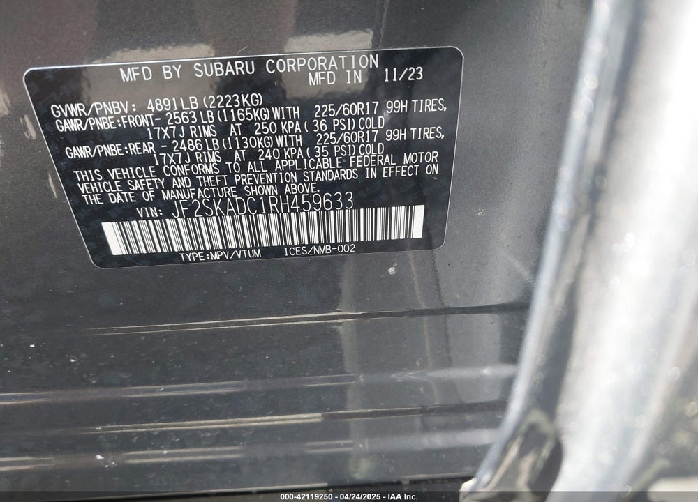 2024 SUBARU FORESTER VIN: JF2SKADC1RH459633