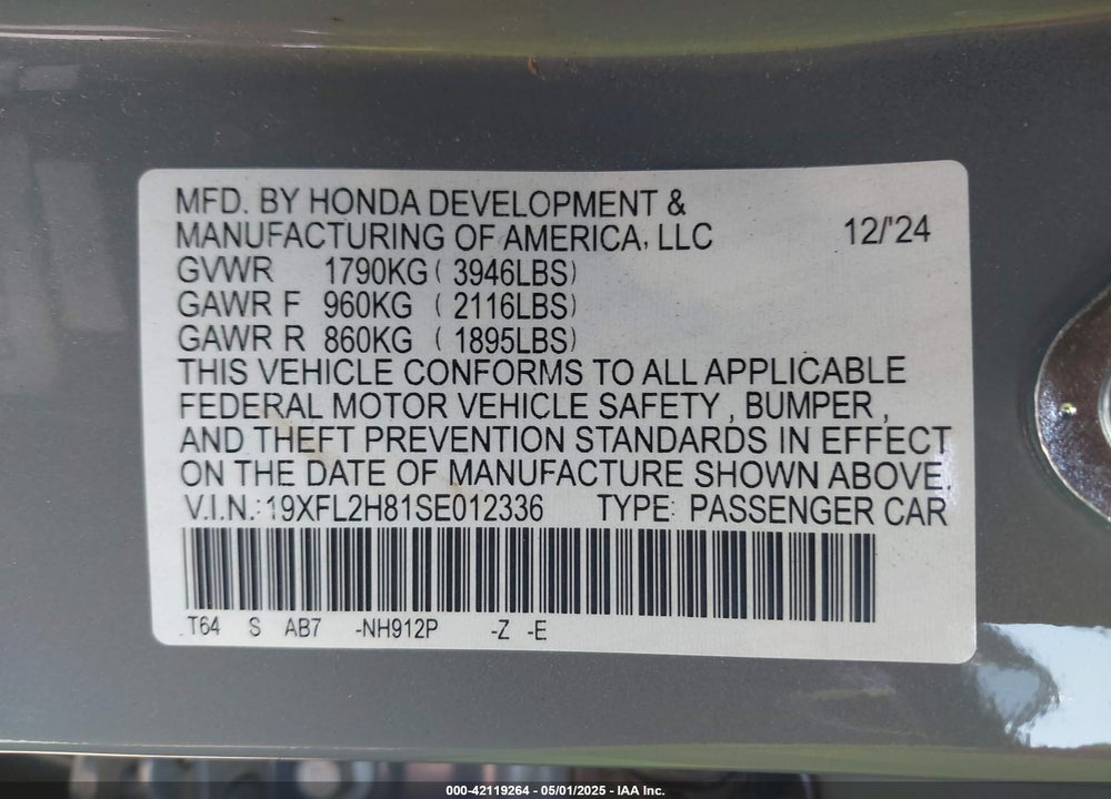 2025 HONDA CIVIC VIN: 19XFL2H81SE012336