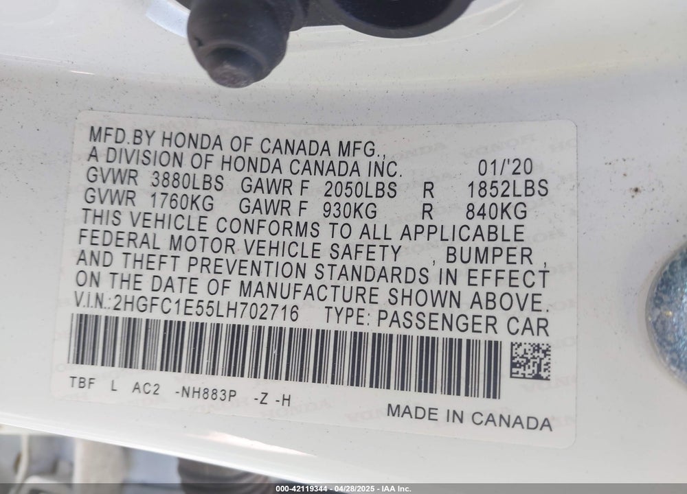 2020 HONDA CIVIC VIN: 2HGFC1E55LH702716
