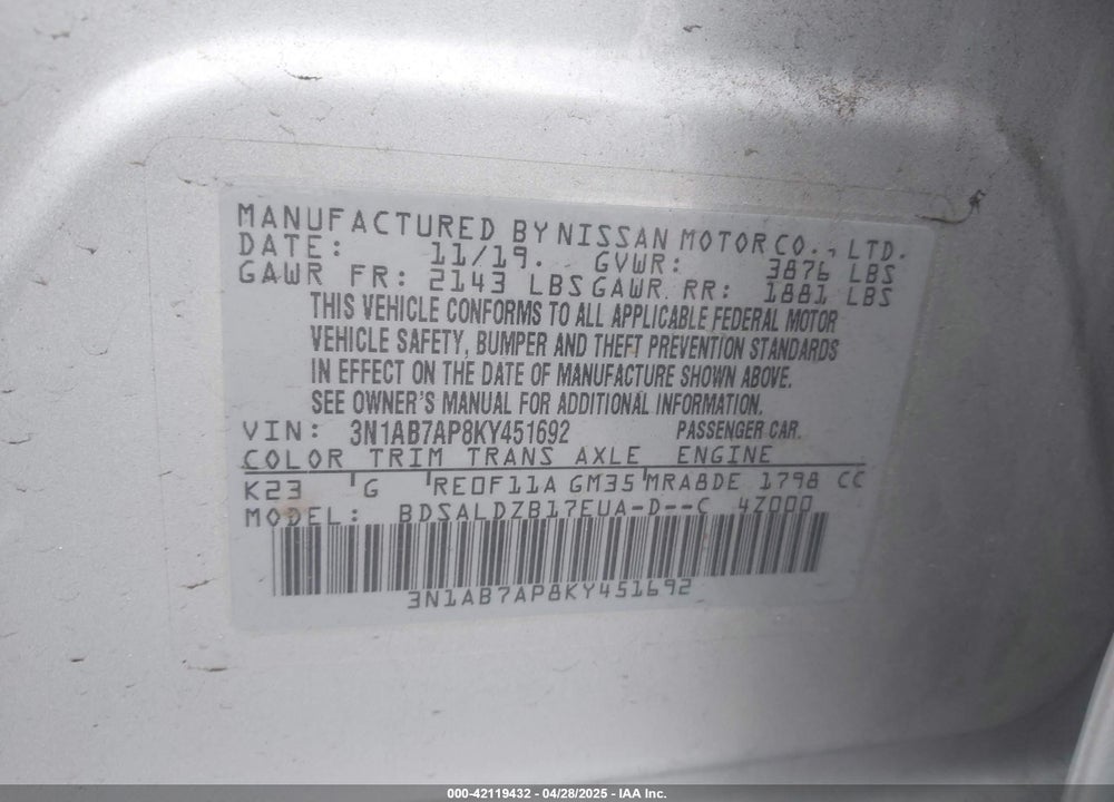 2019 NISSAN SENTRA VIN: 3N1AB7AP8KY451692