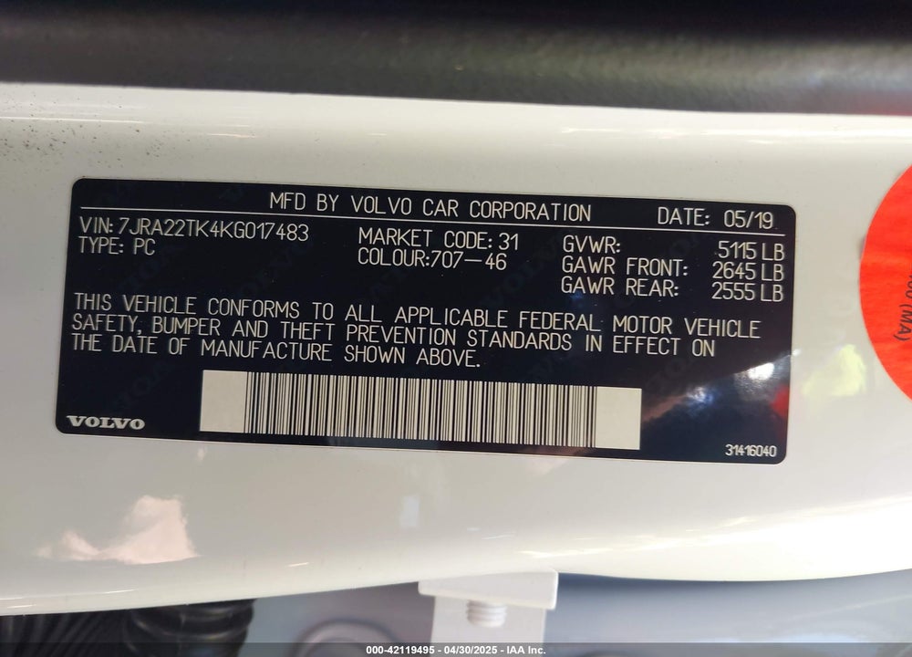2019 VOLVO S60 VIN: 7JRA22TK4KG017483