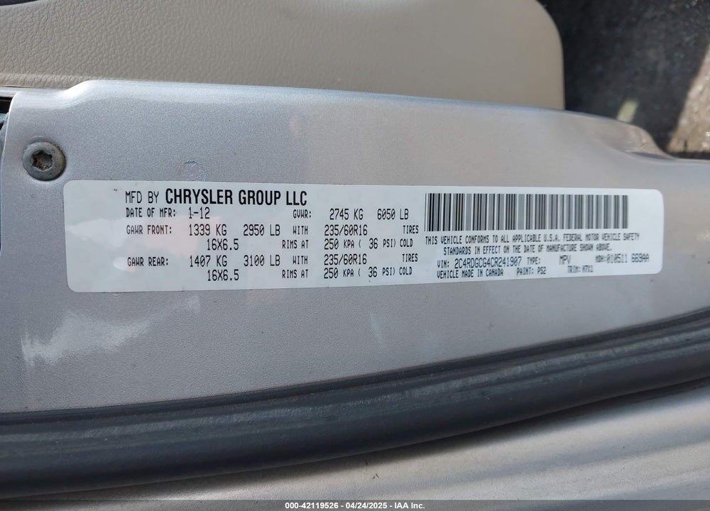 2012 DODGE GRAND CARAVAN SXT VIN: 2C4RDGCG4CR241907