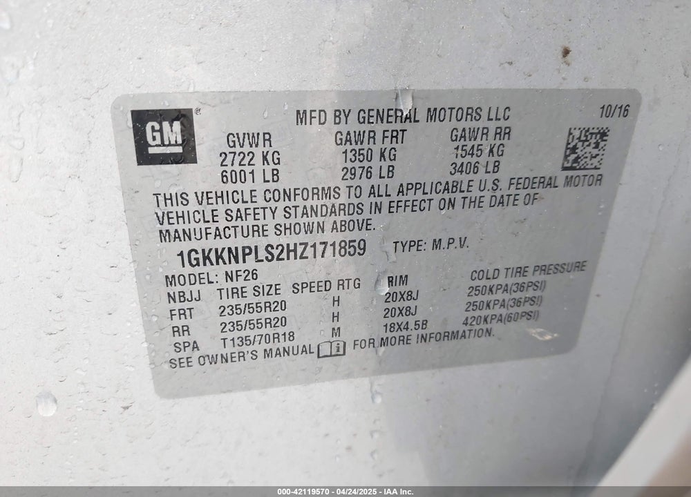 2017 GMC ACADIA VIN: 1GKKNPLS2HZ171859