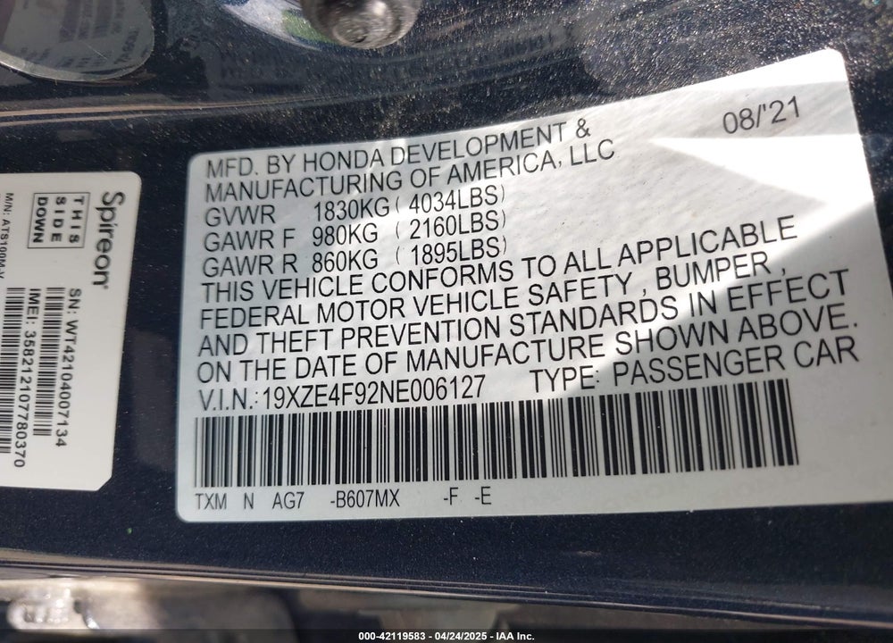 2022 HONDA INSIGHT VIN: 19XZE4F92NE006127