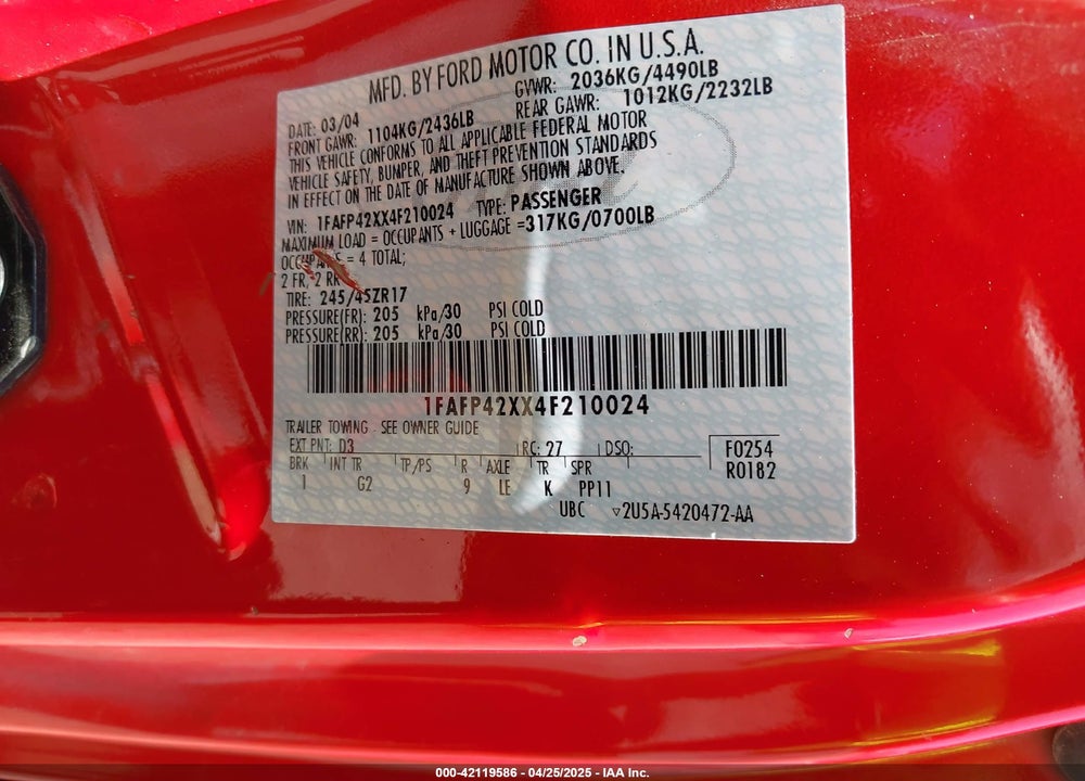2004 FORD MUSTANG VIN: 1FAFP42XX4F210024