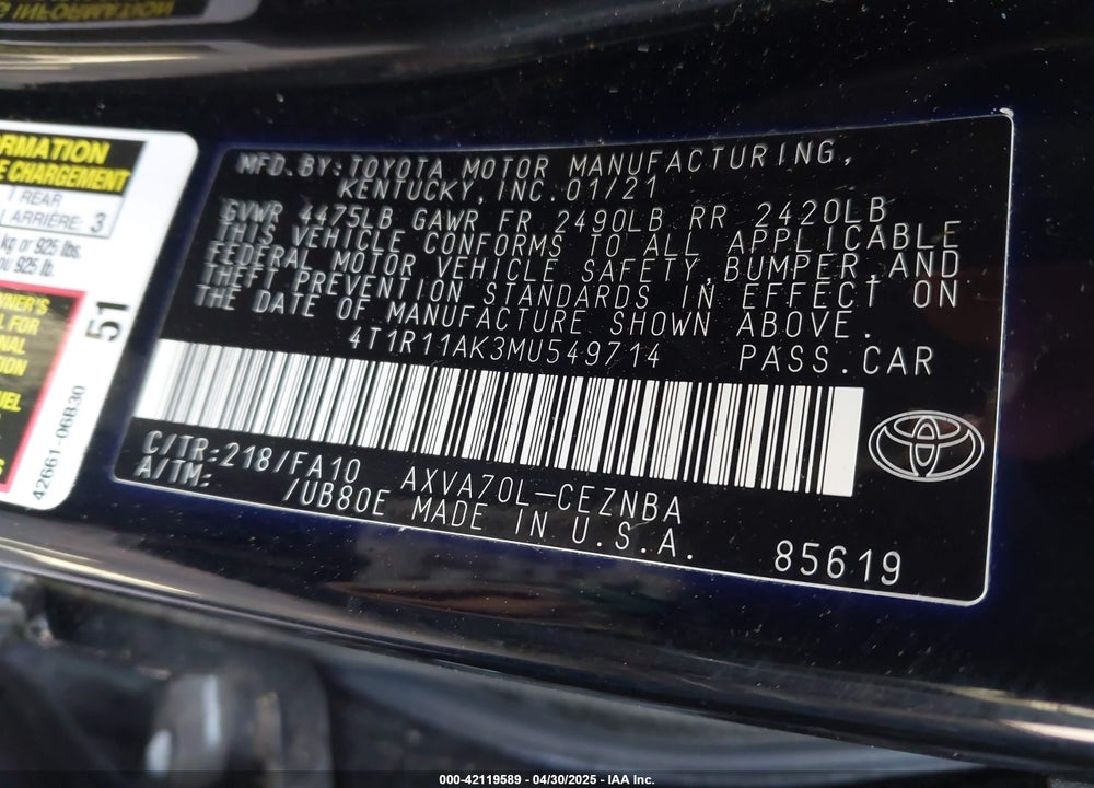 2021 TOYOTA CAMRY VIN: 4T1R11AK3MU549714