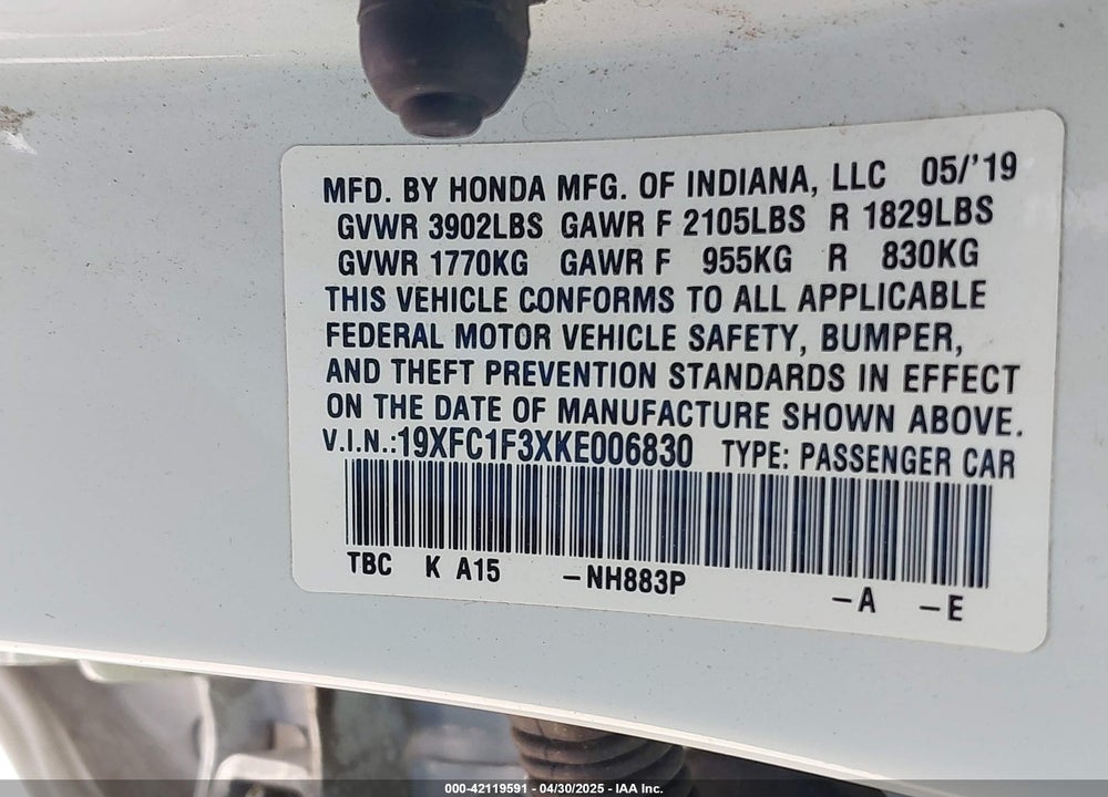 2019 HONDA CIVIC VIN: 19XFC1F3XKE006830