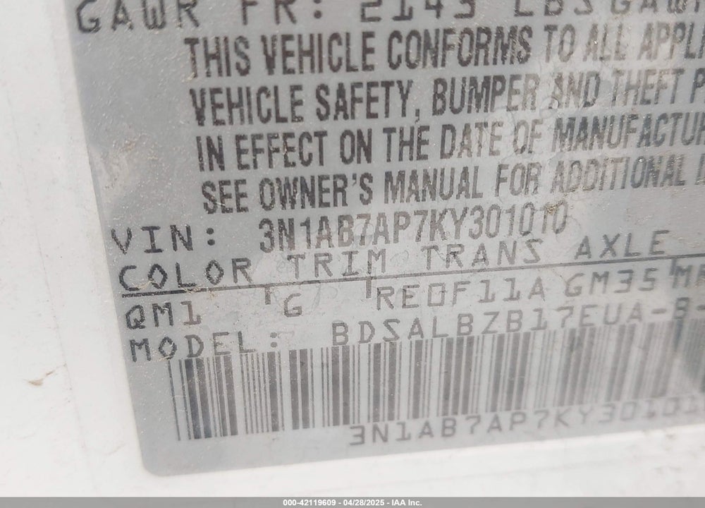 2019 NISSAN SENTRA VIN: 3N1AB7AP7KY301010