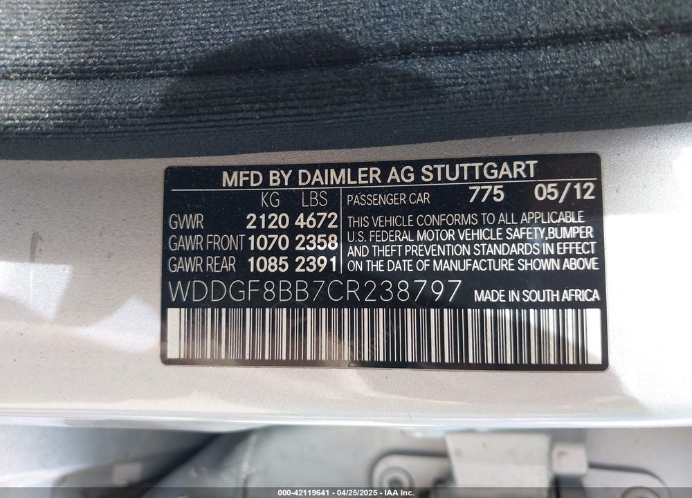 2012 MERCEDES-BENZ C CLASS VIN: WDDGF8BB7CR238797