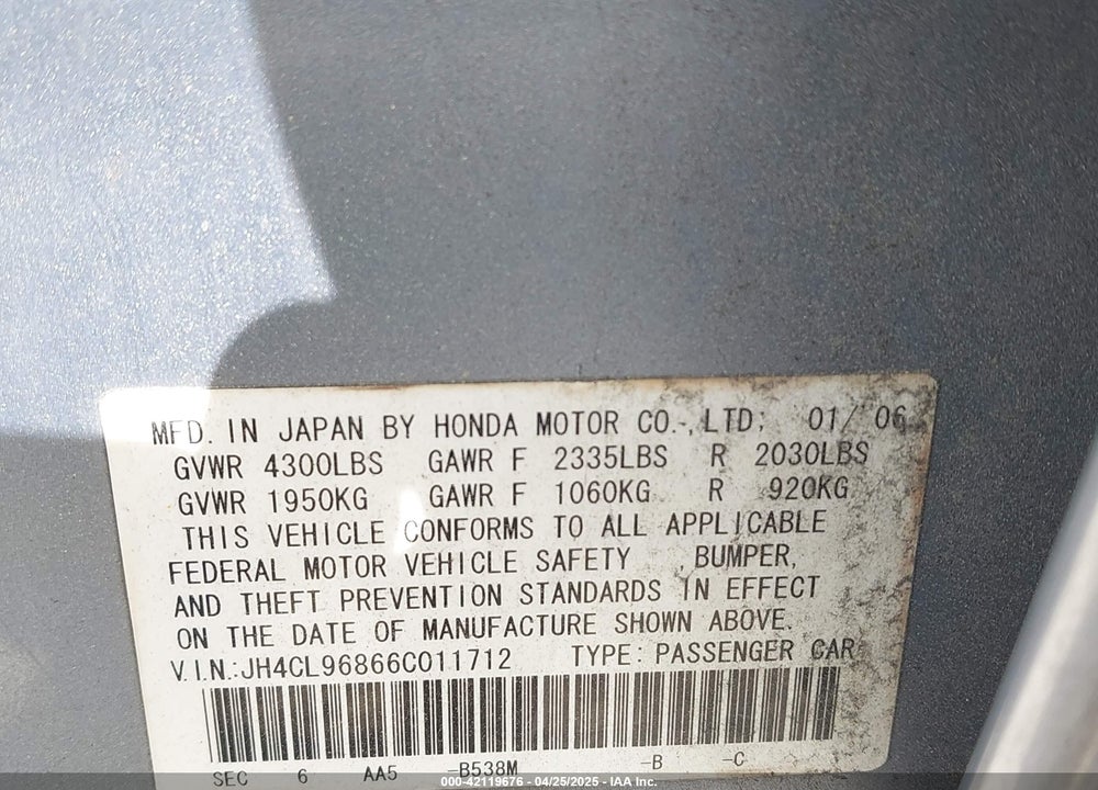 2006 ACURA TSX VIN: JH4CL96866C011712