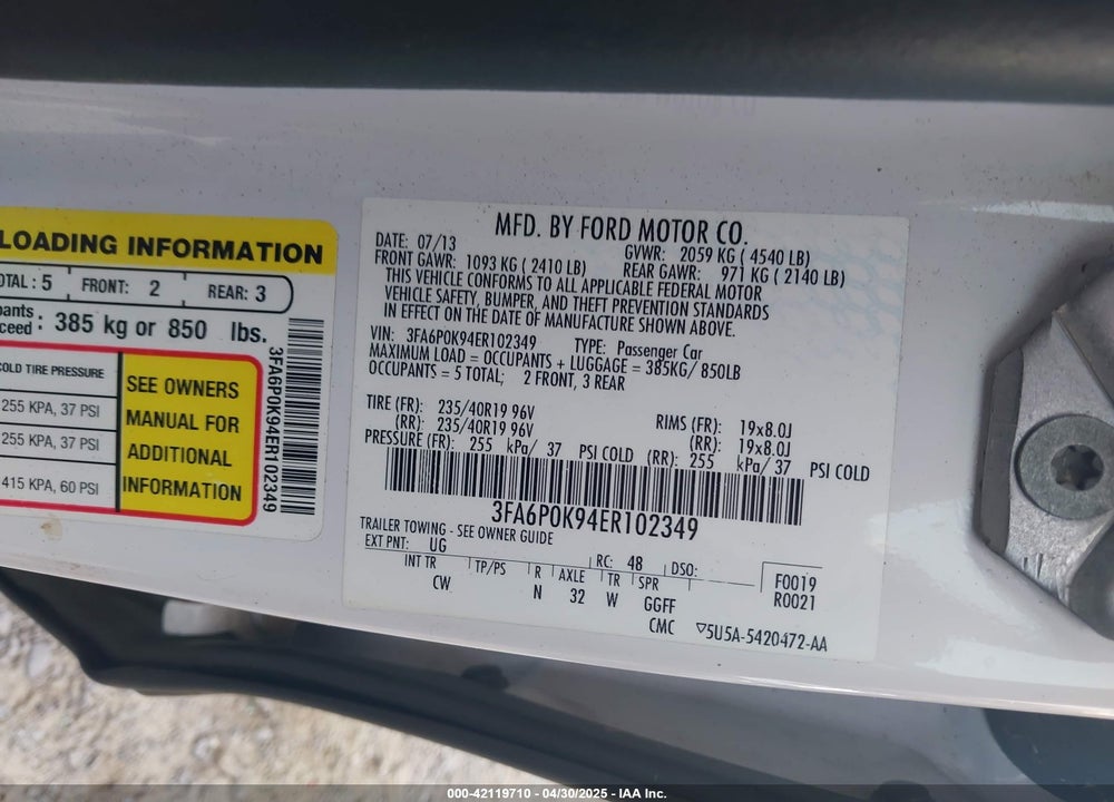 2014 FORD FUSION VIN: 3FA6P0K94ER102349