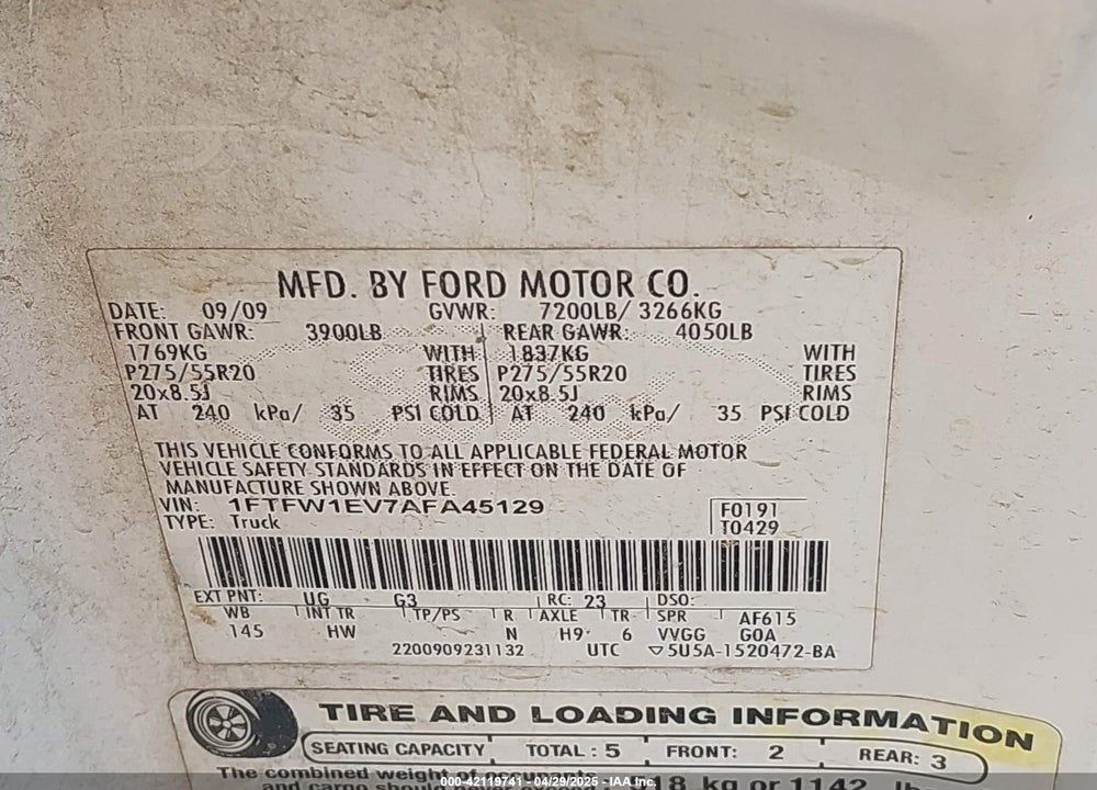 2010 FORD F-150 FX4/HARLEY-DAVIDSON/KING RANCH/LARIAT/PLATINUM/XL/XLT VIN: 1FTFW1EV7AFA45129