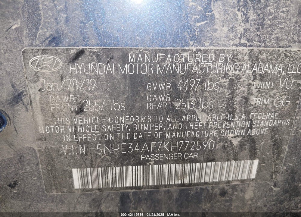 2019 HYUNDAI SONATA VIN: 5NPE34AF7KH772590