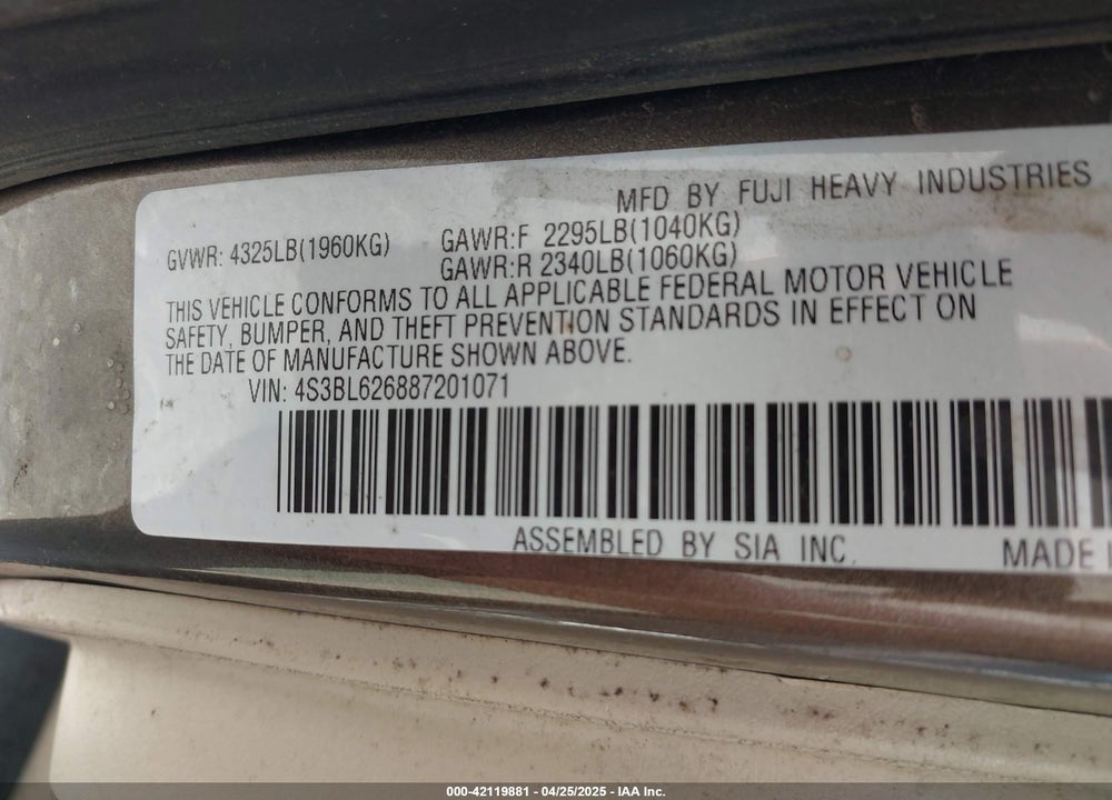 2008 SUBARU LEGACY VIN: 4S3BL626887201071