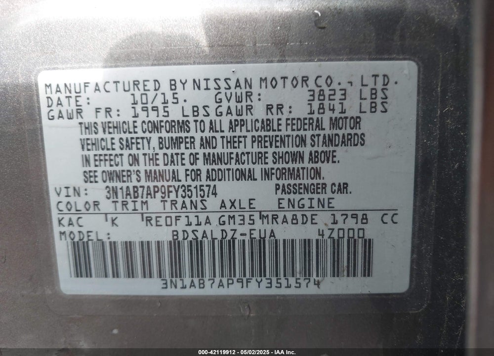 2015 NISSAN SENTRA VIN: 3N1AB7AP9FY351574