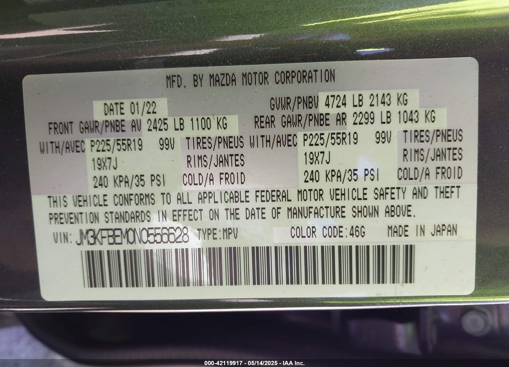 2022 MAZDA CX-5 VIN: JM3KFBEM0N0556628