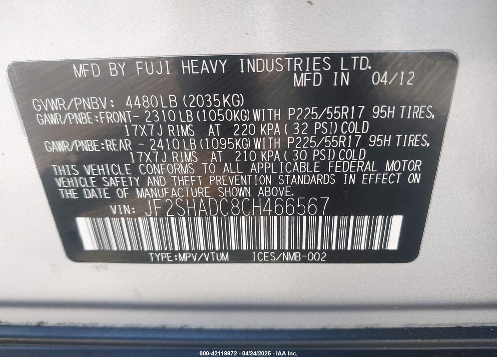 2012 SUBARU FORESTER VIN: JF2SHADC8CH466567