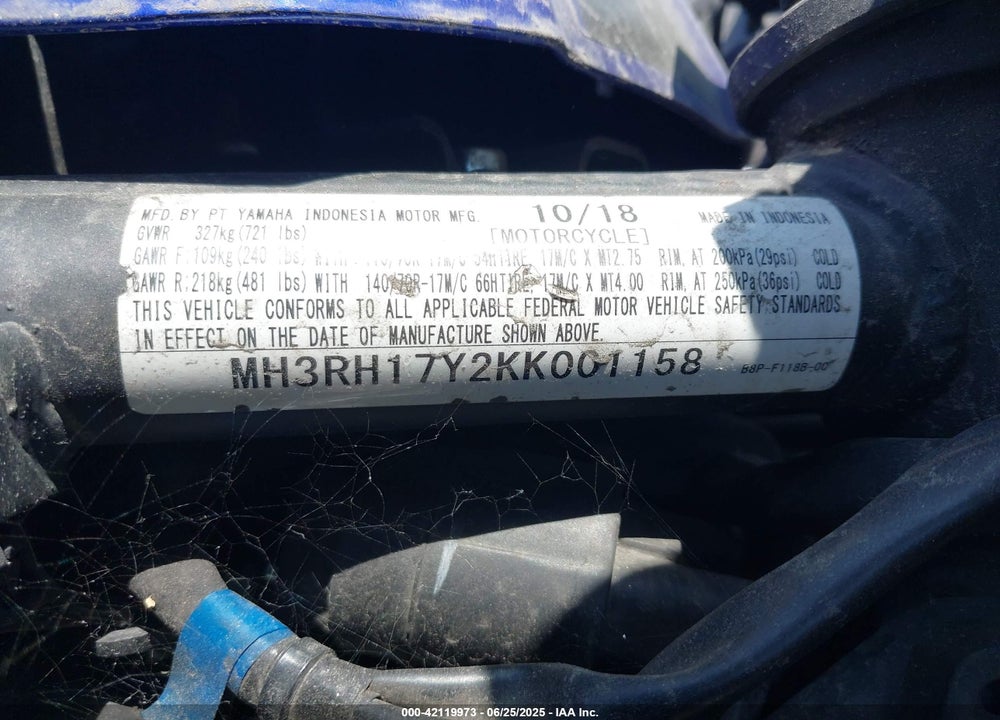 2019 YAMAHA YZFR3 VIN: MH3RH17Y2KK001158