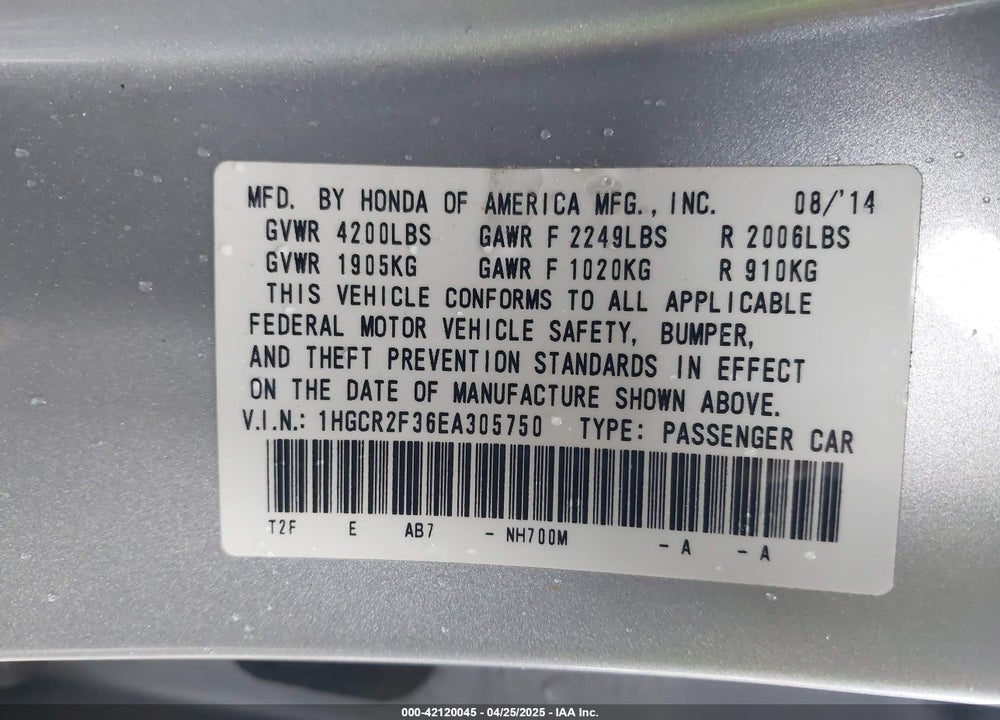 2014 HONDA ACCORD VIN: 1HGCR2F36EA305750
