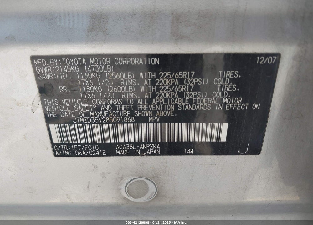 2008 TOYOTA RAV4 VIN: JTMZD35V285091868