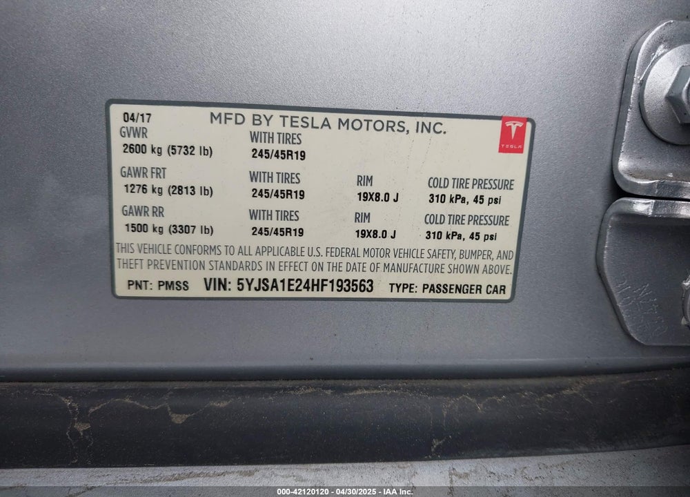 2017 TESLA MODEL S VIN: 5YJSA1E24HF193563