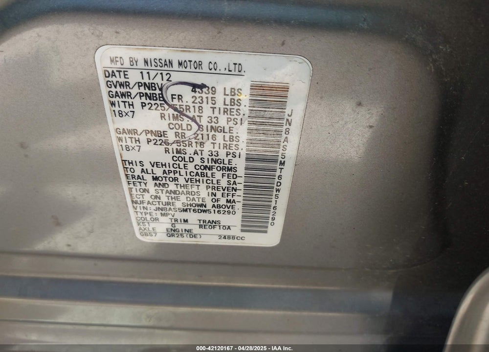 2013 NISSAN ROGUE VIN: JN8AS5MT6DW516290