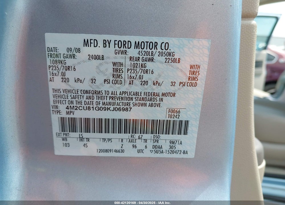 2009 MERCURY MARINER VIN: 4M2CU81G09KJ06987