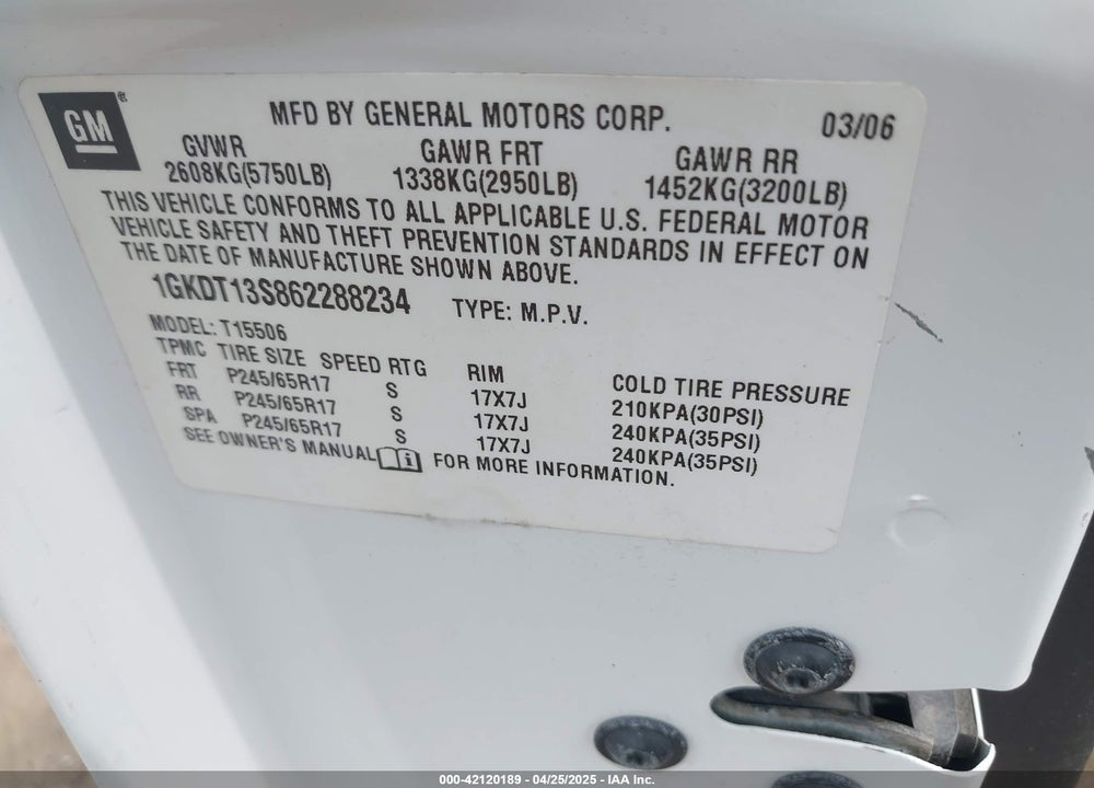 2006 GMC ENVOY SLE VIN: 1GKDT13S862288234