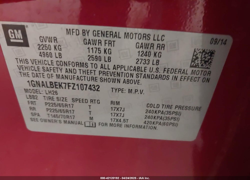2015 CHEVROLET EQUINOX 1LT VIN: 1GNALBEK7FZ107432