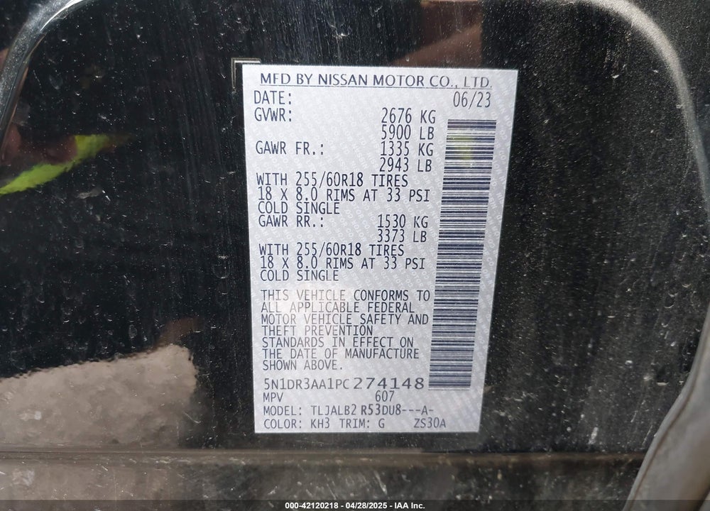 2023 NISSAN PATHFINDER S FWD VIN: 5N1DR3AA1PC274148