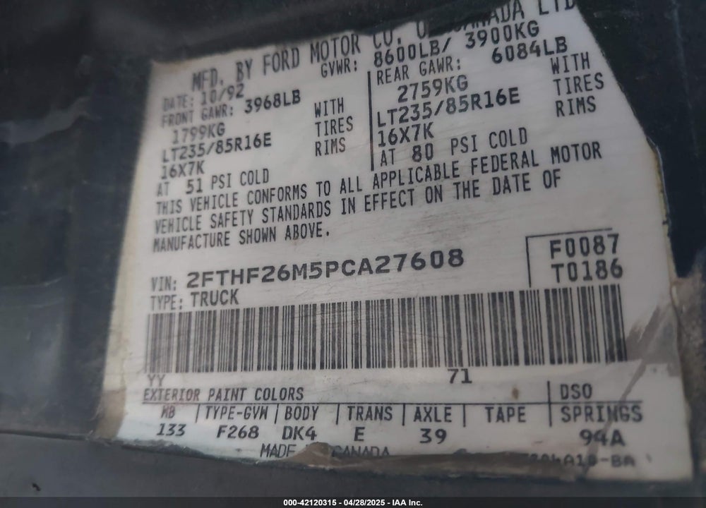 1993 FORD F250 VIN: 2FTHF26M5PCA27608