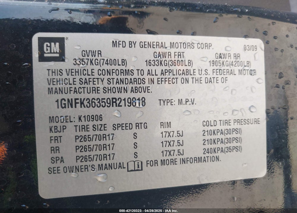 2009 CHEVROLET SUBURBAN 1500 LTZ VIN: 1GNFK36359R219818