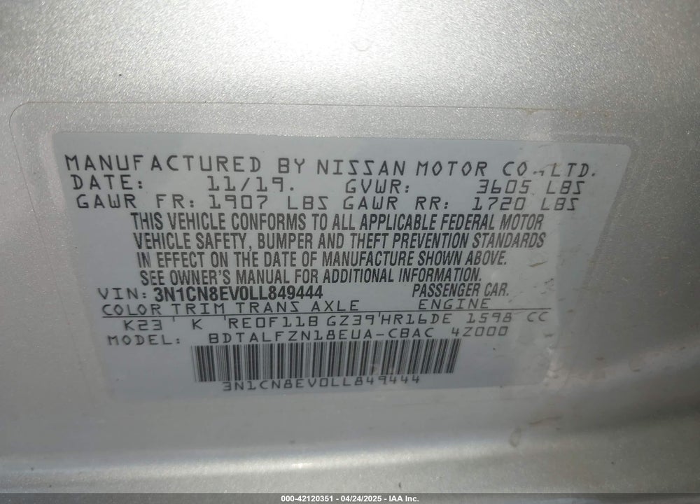 2020 NISSAN VERSA SV XTRONIC CVT VIN: 3N1CN8EV0LL849444